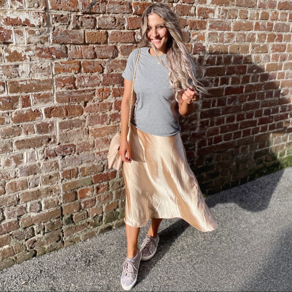 Champagne silk satin midi skirt
